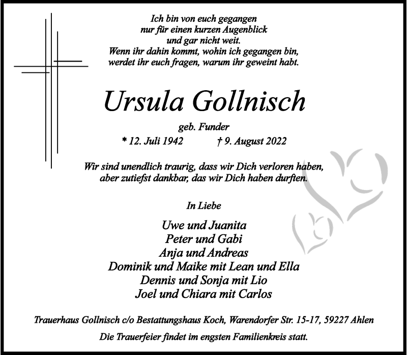  Traueranzeige für Ursula Gollnisch vom 13.08.2022 aus 
