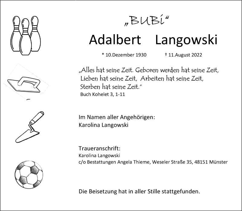 Traueranzeige für Adalbert Langowski vom 27.08.2022 aus 