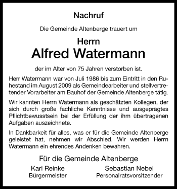 Anzeige von Alfred Watermann 