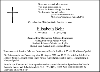Anzeige von Elisabeth Behr 