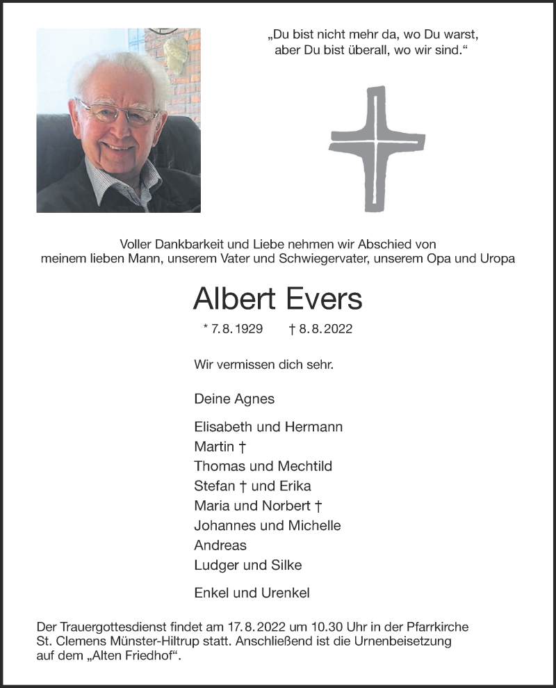  Traueranzeige für Albert Evers vom 13.08.2022 aus 