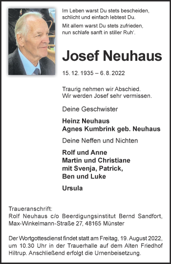Anzeige von Josef Neuhaus 