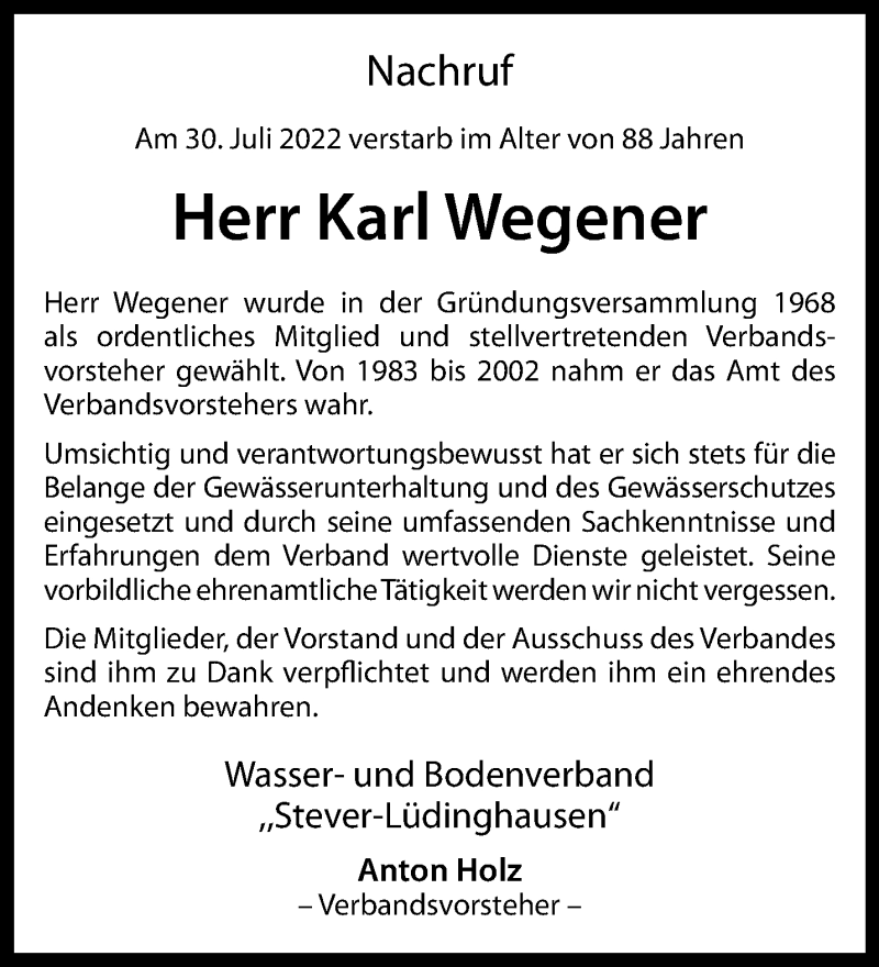  Traueranzeige für Karl Wegener vom 10.08.2022 aus 
