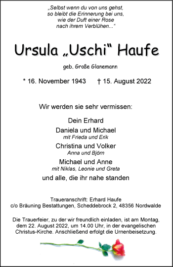 Anzeige von Ursula Haufe 