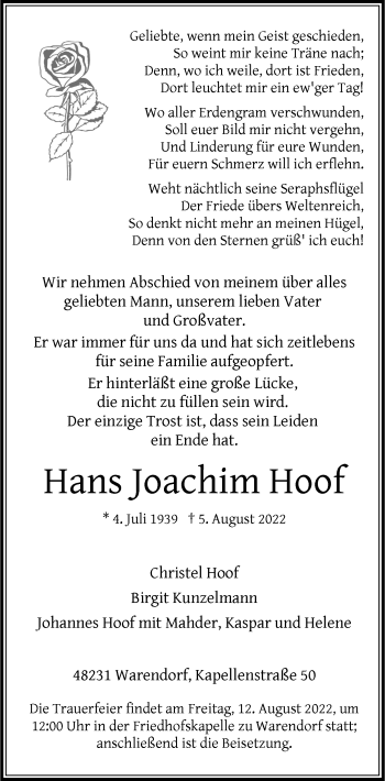 Anzeige von Hans Joachim Hoof 