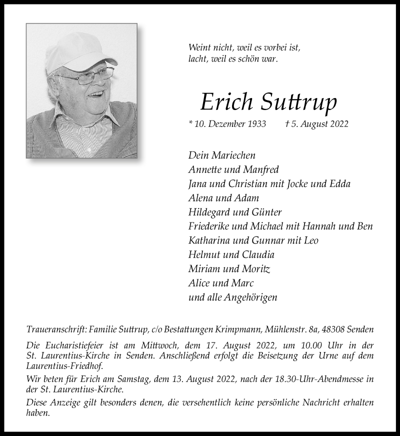  Traueranzeige für Erich Suttrup vom 10.08.2022 aus 