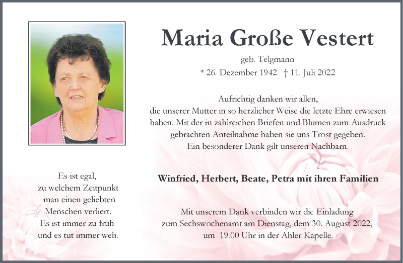  Traueranzeige für Maria Große Vestert vom 25.08.2022 aus 