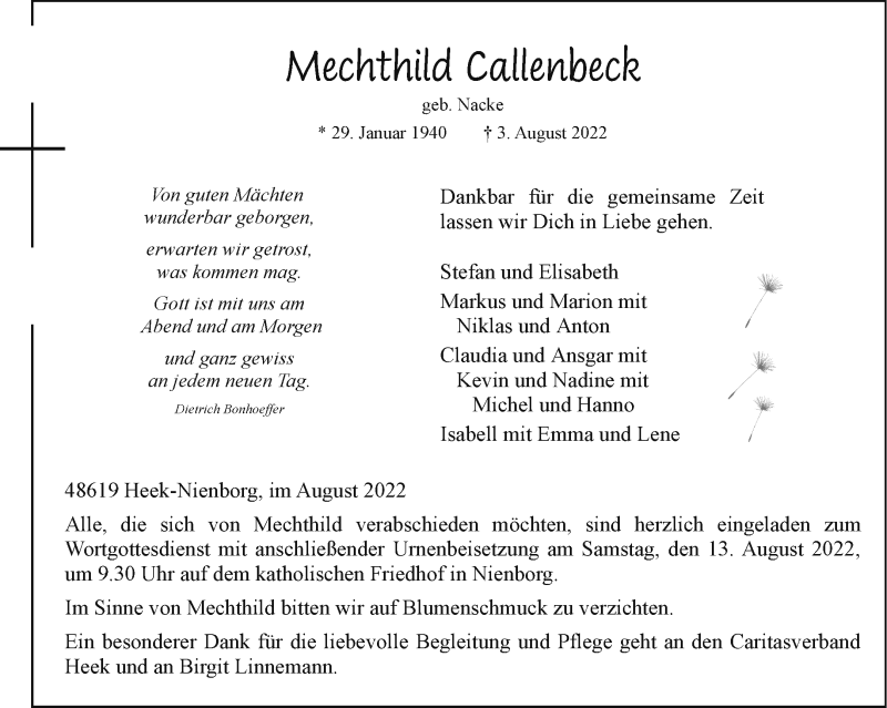  Traueranzeige für Mechthild Callenbeck vom 10.08.2022 aus 