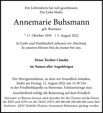 Anzeige von Annemarie Buhsmann 