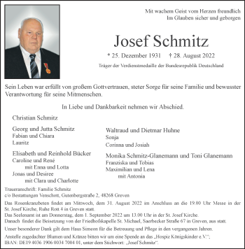 Anzeige von Josef Schmitz 
