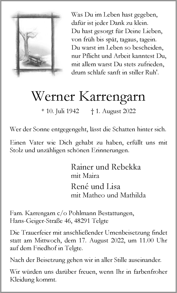  Traueranzeige für Werner Karrengarn vom 10.08.2022 aus 