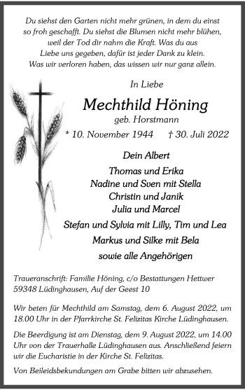 Anzeige von Mechthild Höning 