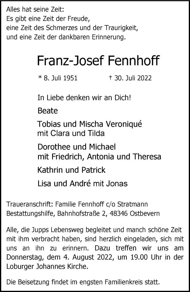  Traueranzeige für Franz-Josef Fennhoff vom 03.08.2022 aus 