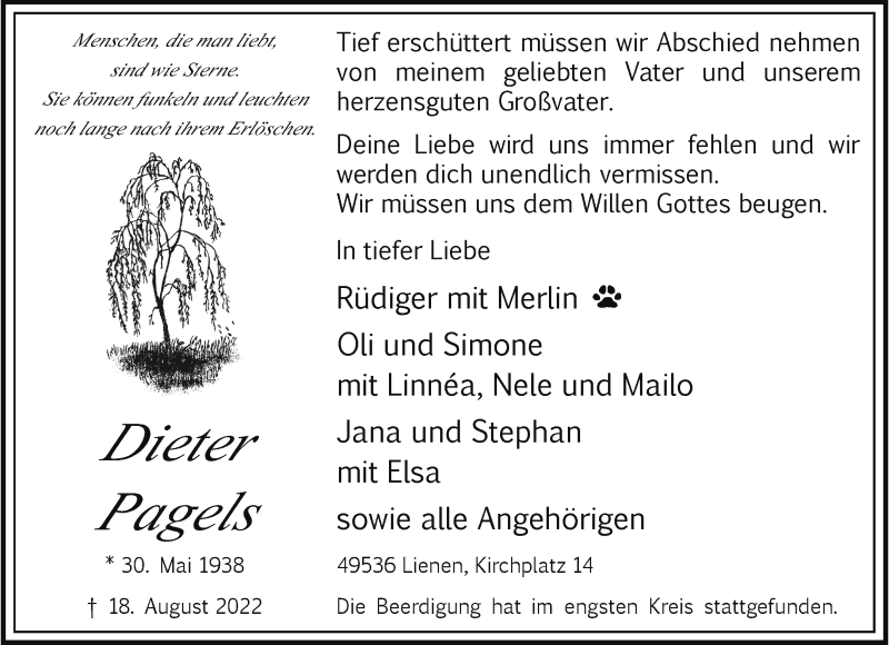  Traueranzeige für Dieter Pagels vom 27.08.2022 aus 