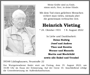 Anzeige von Heinrich Vieting 