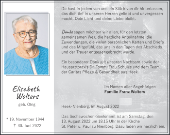 Anzeige von Elisabeth Wolters 
