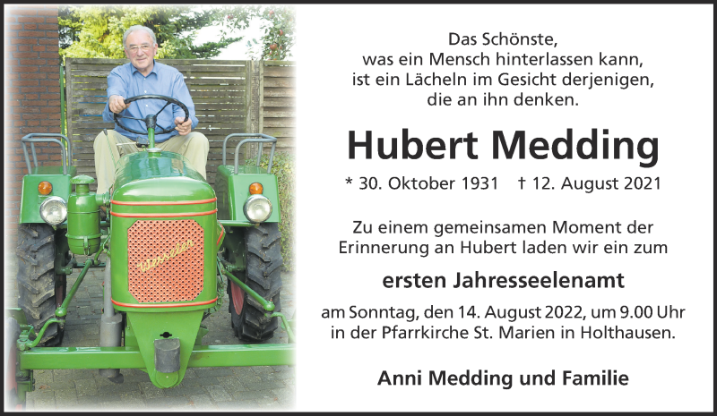  Traueranzeige für Hubert Medding vom 06.08.2022 aus 