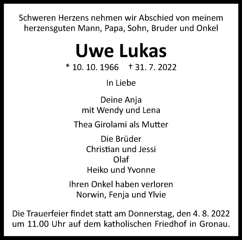  Traueranzeige für Uwe Lukas vom 03.08.2022 aus 