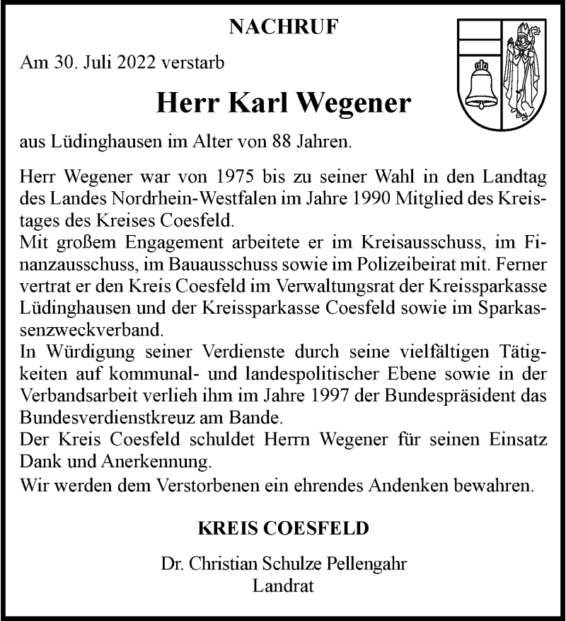 Traueranzeige für Karl Wegener vom 12.08.2022 aus 