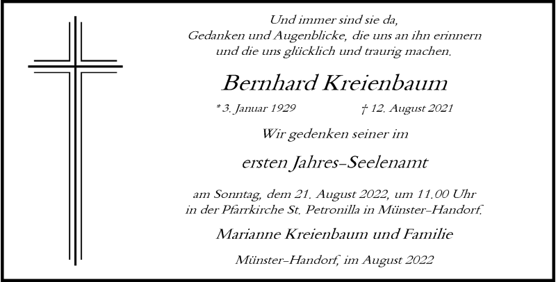  Traueranzeige für Bernhard Kreienbaum vom 13.08.2022 aus 