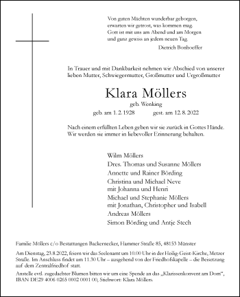 Anzeige von Klara Möllers 