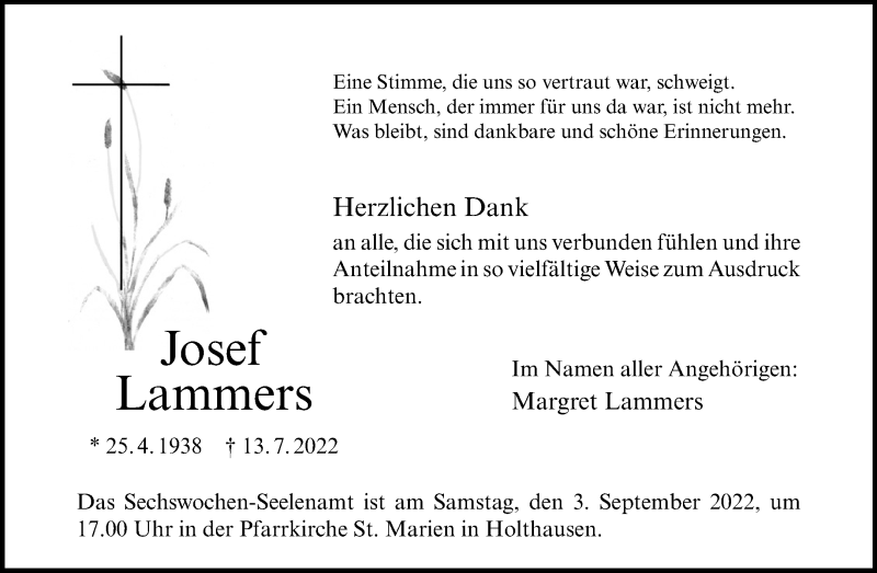  Traueranzeige für Josef Lammers vom 27.08.2022 aus 