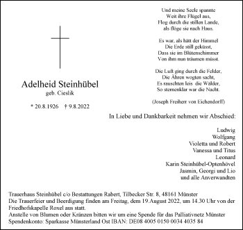 Anzeige von Adelheid Steinhübel 