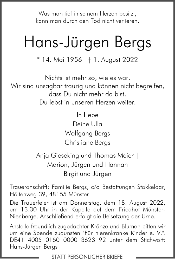  Traueranzeige für Hans-Jürgen Bergs vom 13.08.2022 aus 