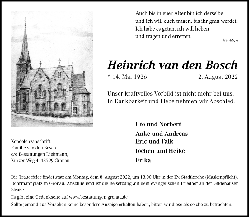  Traueranzeige für Heinrich van den Bosch vom 05.08.2022 aus 