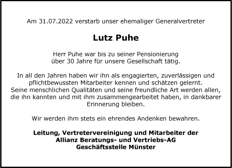  Traueranzeige für Lutz Puhe vom 06.08.2022 aus 