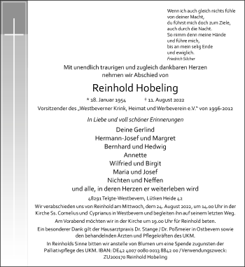 Anzeige von Reinhold Hobeling 