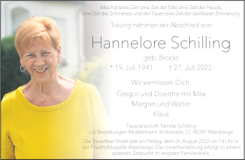 Anzeige von Hannelore Schilling 