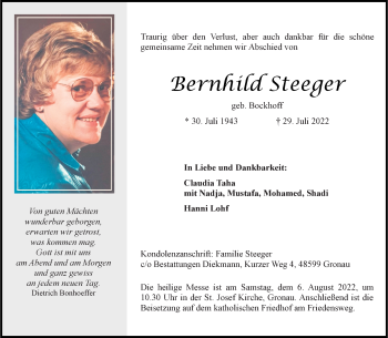 Anzeige von Bernhild Steeger 