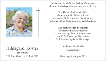 Anzeige von Hildegard Köster 
