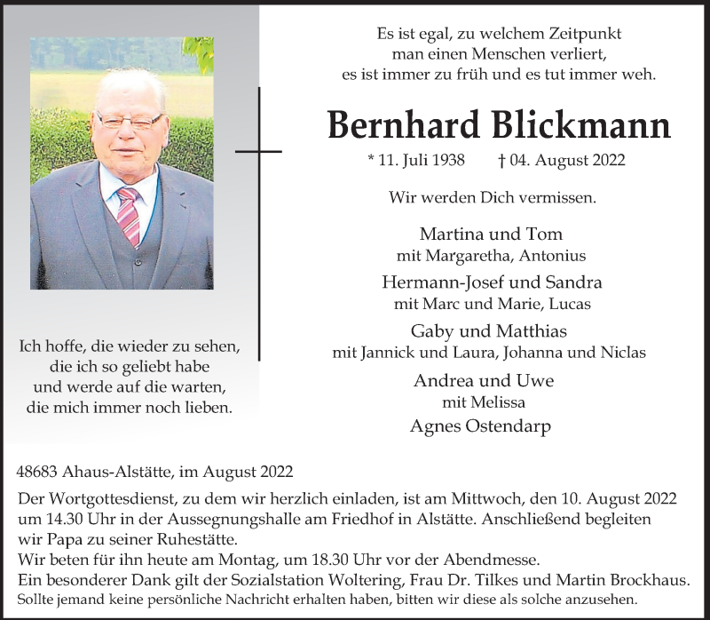  Traueranzeige für Bernhard Blickmann vom 08.08.2022 aus 