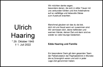 Anzeige von Ulrich Haaring 