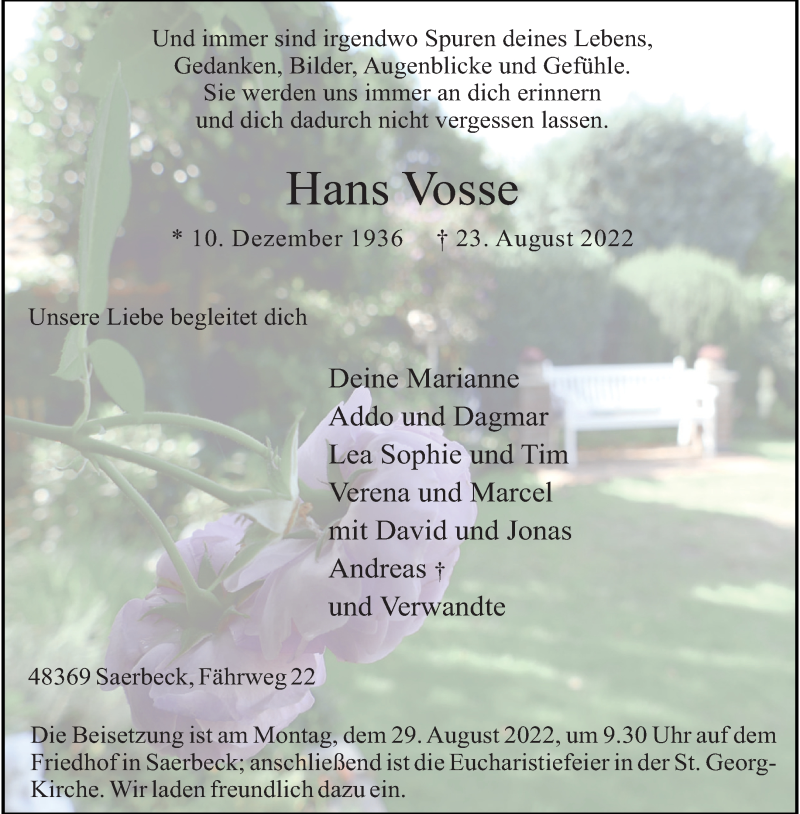  Traueranzeige für Hans Vosse vom 26.08.2022 aus 