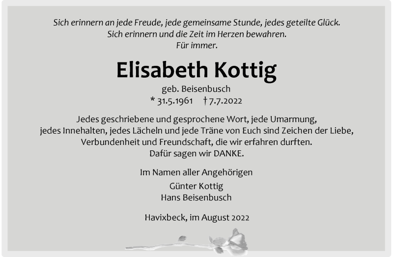  Traueranzeige für Elisabeth Kottig vom 20.08.2022 aus 