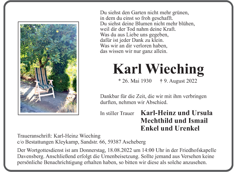  Traueranzeige für Karl Wieching vom 13.08.2022 aus 