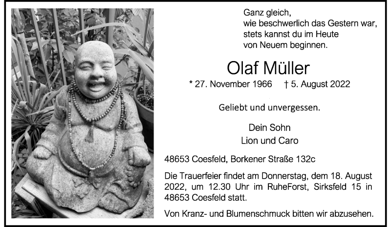  Traueranzeige für Olaf Müller vom 13.08.2022 aus 