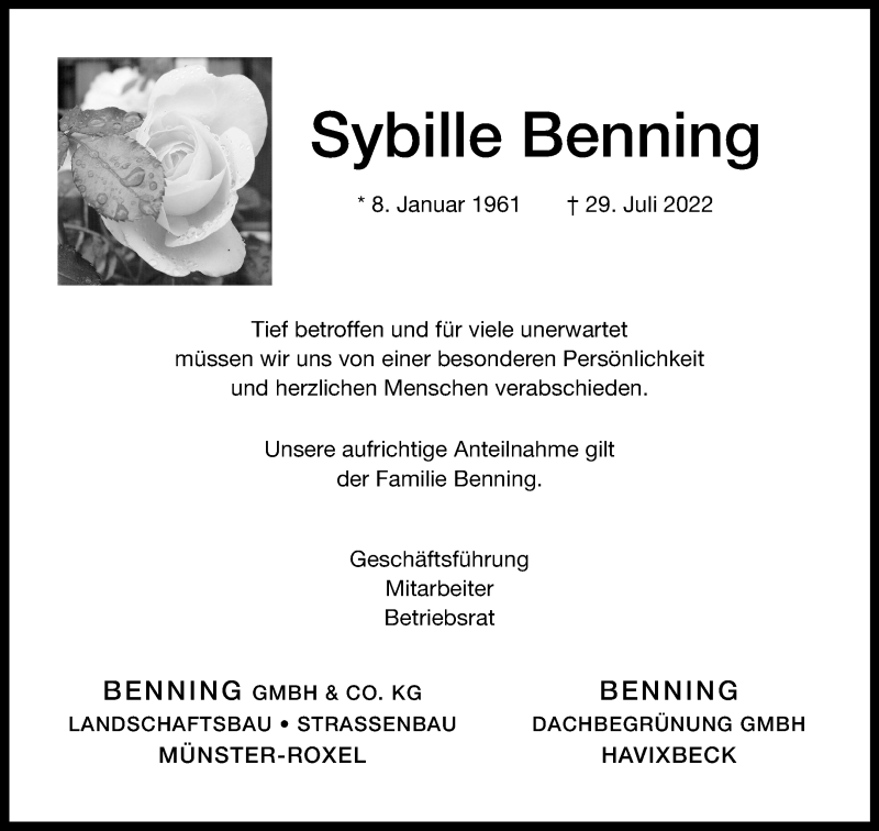  Traueranzeige für Sybille Benning vom 06.08.2022 aus 