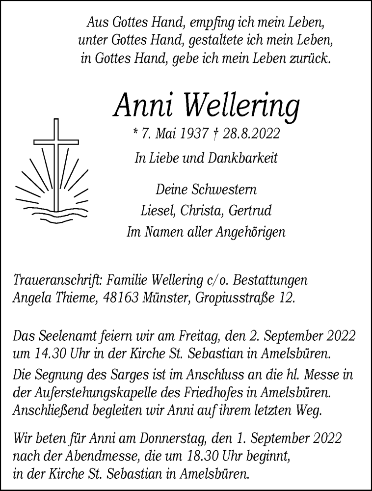  Traueranzeige für Anni Wellering vom 31.08.2022 aus 