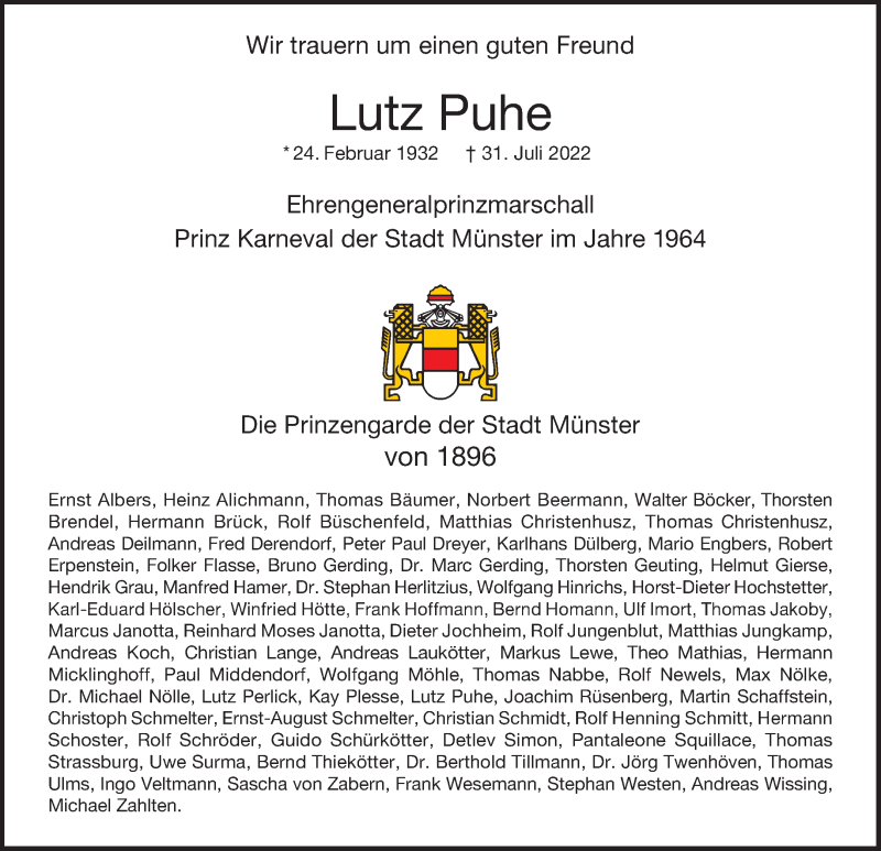  Traueranzeige für Lutz Puhe vom 03.08.2022 aus 