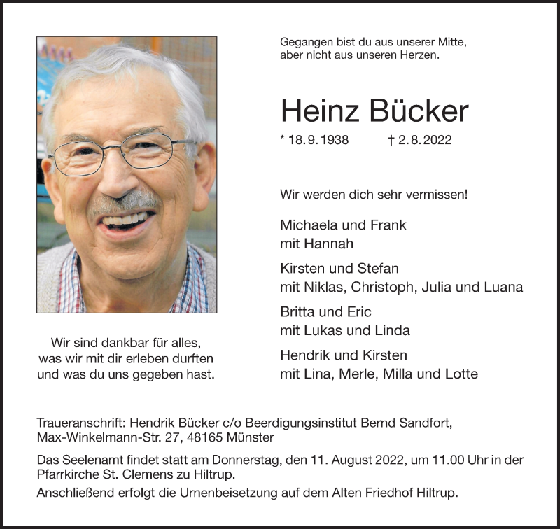  Traueranzeige für Heinz Bücker vom 06.08.2022 aus 