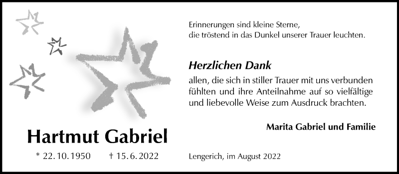  Traueranzeige für Hartmut Gabriel vom 06.08.2022 aus 