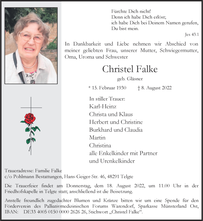  Traueranzeige für Christel Falke vom 13.08.2022 aus 
