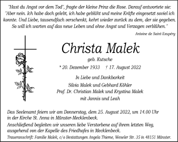 Anzeige von Christa Malek 