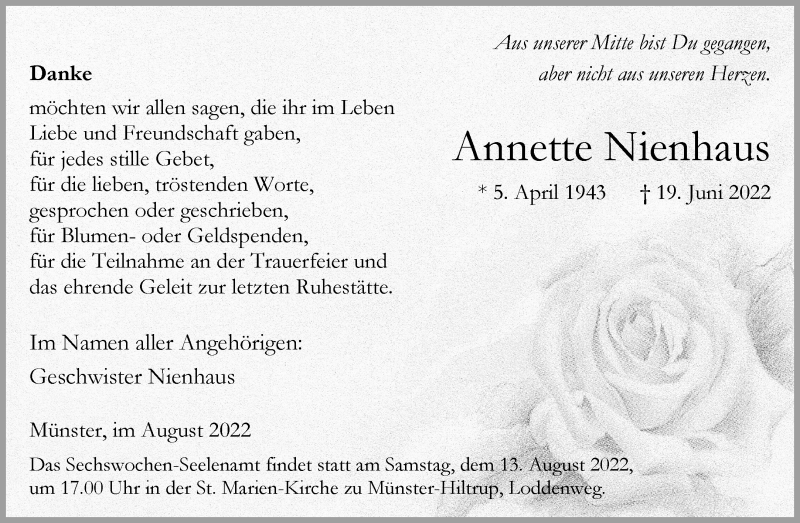  Traueranzeige für Annette Nienhaus vom 06.08.2022 aus 