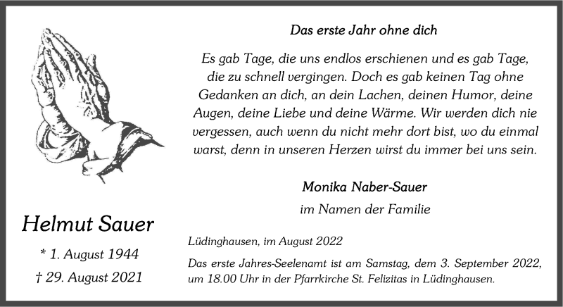  Traueranzeige für Helmut Sauer vom 27.08.2022 aus 