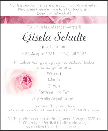 Anzeige von Gisela Schulte 